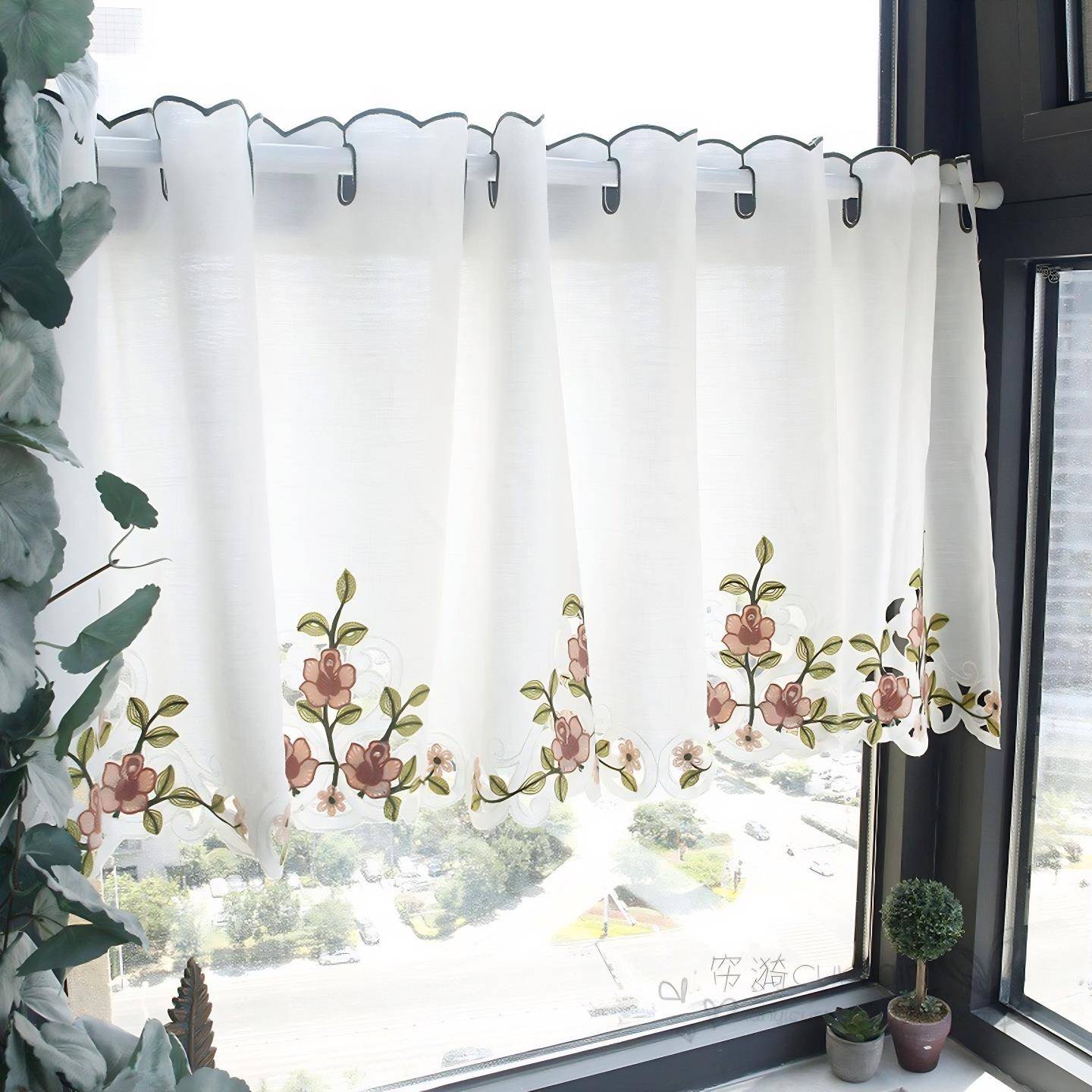 花蔓半帘短门帘刺绣咖啡帘成品厨房小窗帘纱整体橱柜帘隔断窗门帘