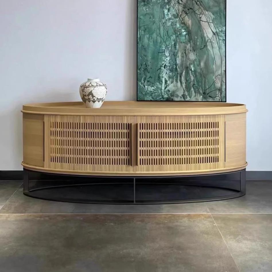 椭圆形电视柜实木家具多层落地多功能可伸缩柜门白橡木储物原木