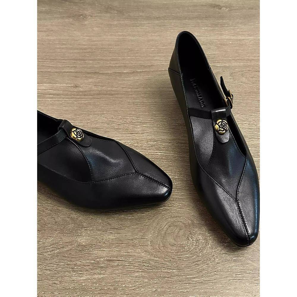 2025新款一字扣带玛丽珍鞋浅口镂空覆古山茶花通勤粗跟单鞋女