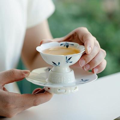 昌朴居纯手绘蝴蝶兰花莲花盏杯仿宋品茗杯手工主人杯葵口茶盏茶杯