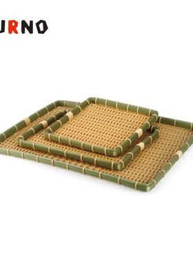 仿竹PP塑料材质格子浅方形手工编织纹路浅绿色边黄色线条收纳篮