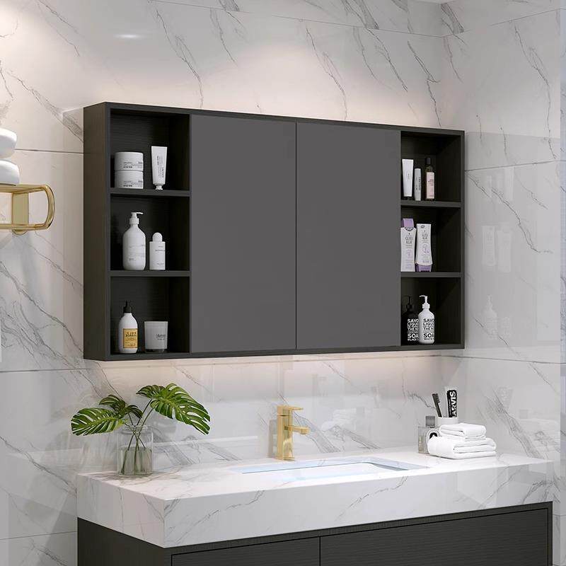 风水镜柜可折叠隐藏式浴室镜柜智能带灯卫生间镜子带置物架实木