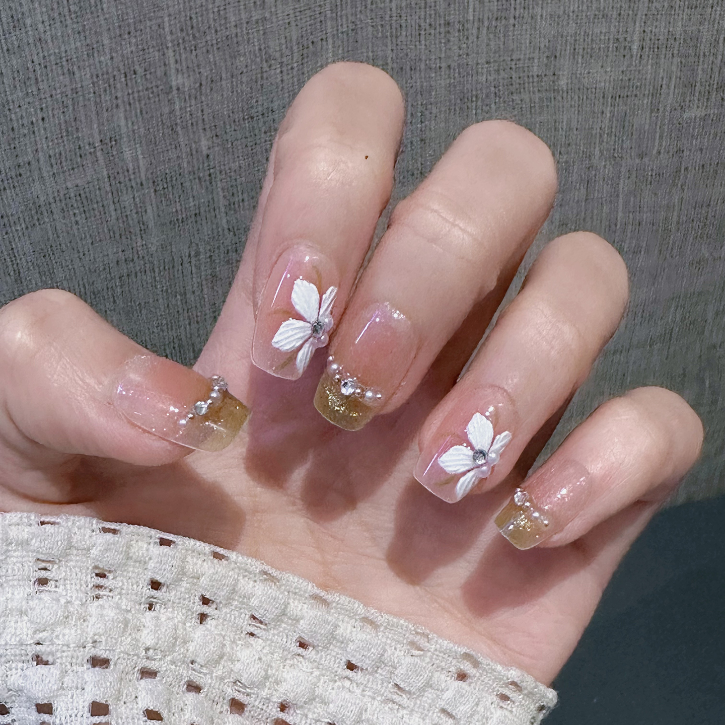 手工猫眼穿戴甲短款花朵美甲贴片