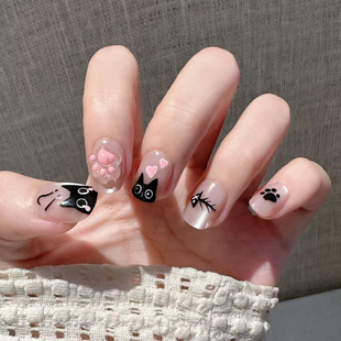 可爱卡通猫咪穿戴甲透明美甲贴片可拆卸指甲贴片高级感手工甲猫眼