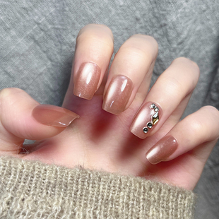 高级感裸色穿戴甲短款 猫眼水钻美甲贴片可拆卸指甲贴片手工甲猫眼