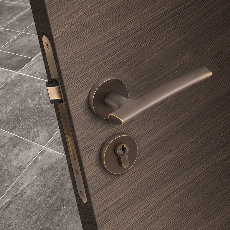 工厂直售 黄铜卧室门锁轻法式纯铜门把手 室内简约分体静音木门锁