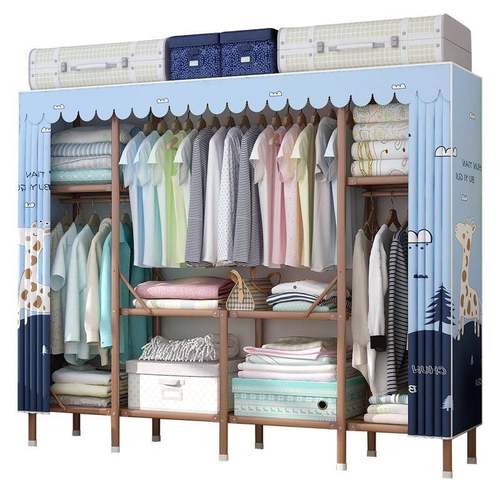 ft免安装简易布衣柜折叠金属钢架加粗加固租房家用衣橱儿童宿舍收