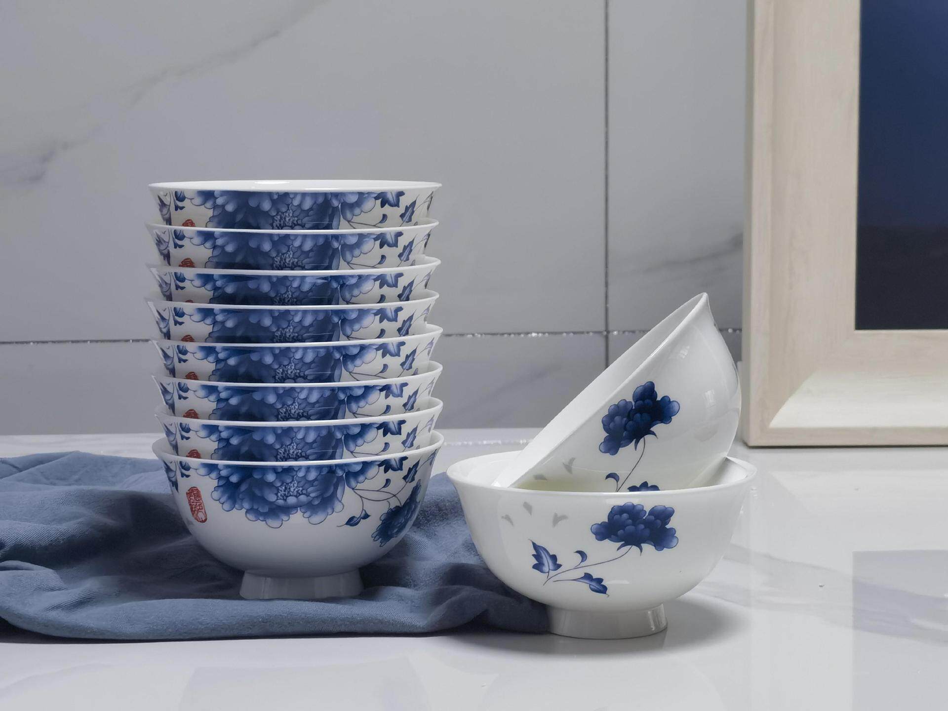 饭碗家用青花瓷碗米饭碗釉中彩骨瓷高温高脚碗不烫手微波炉