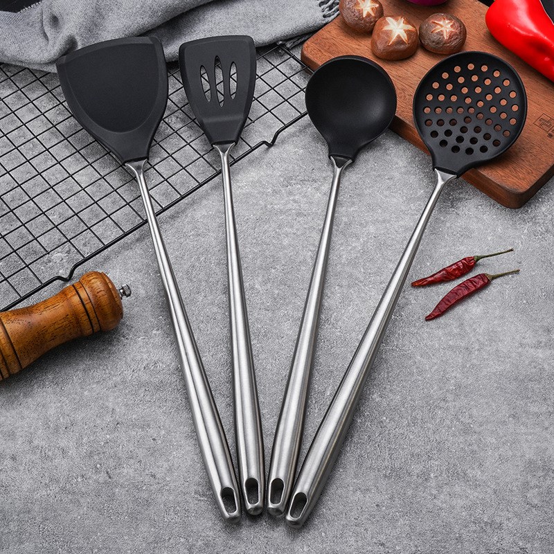 304不锈钢加长柄硅胶锅铲不粘锅耐高温炒铲汤勺漏勺煎铲厨房家用