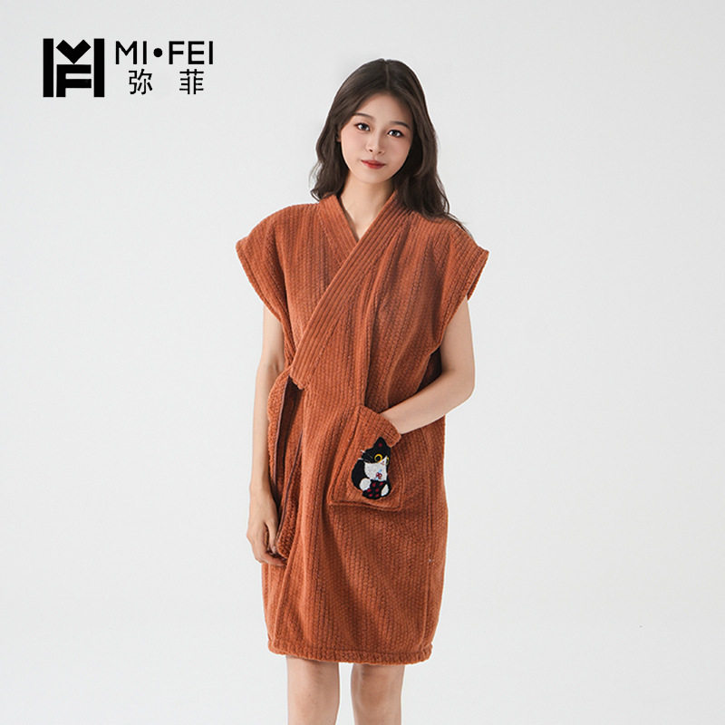 刺绣咖啡猫浴袍女吸水速干洗澡浴衣裙新款可穿可裹巾不易掉毛浴袍