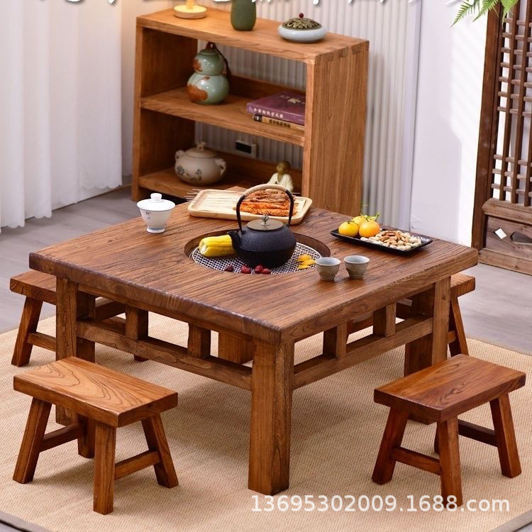 老榆木围炉煮茶桌正方形餐桌家用实木茶台阳台桌复古民宿火锅桌子