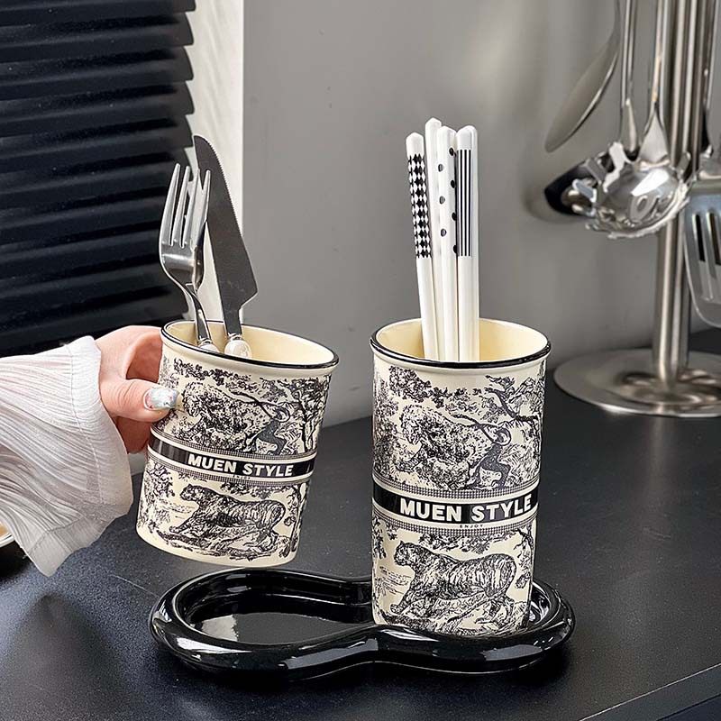中古风陶瓷水墨画虎纹勺筷筒带托盘套装高级感家用厨房勺筷收纳筒