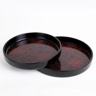 漆器托盘雕花天然漆托盘早年出口库存特色工艺品木质圆盘