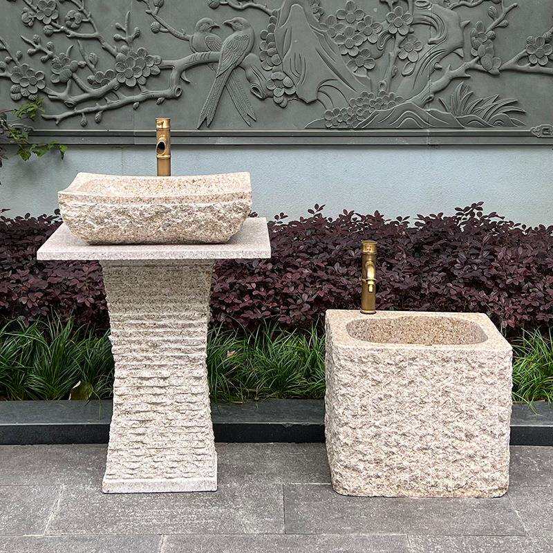庭院石材洗手台盆一体落地式石头水槽室外立柱盆大理石水池拖把池