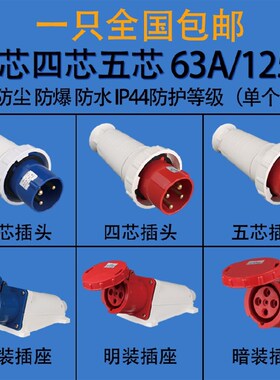 防水航空防爆连接器明暗装工业插头插座 3芯4芯5芯 63A/125A IP67