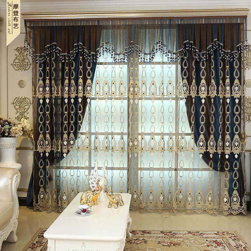 高档欧式进口浮雕绣花窗纱客厅卧室意大利绒布遮光窗帘成品定制蓝