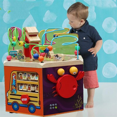 儿童1-3岁大号木制绕珠玩具串珠早教多功能百宝箱八面体益智玩具