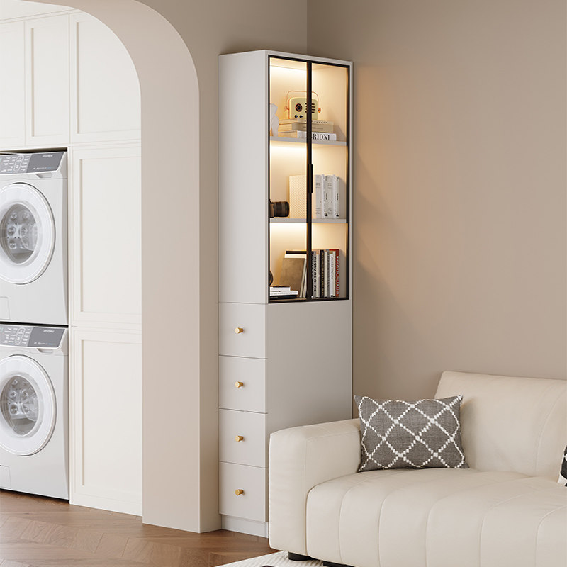 极窄侧面抽拉柜客厅沙发边柜侧边柜墙角柜带玻璃门展示柜30cm书柜