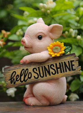 创意树脂小猪摆件欢迎牌小动物装饰品庭院小花园布置装饰园艺摆件