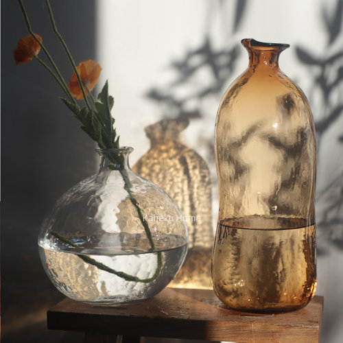 kaheku侘寂风自然形态马醉木锤纹透明玻璃花瓶客厅吊钟高级感花器