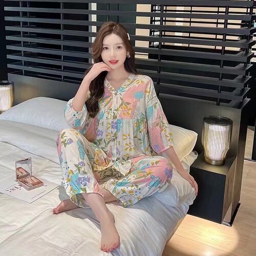【套装】夏季新款中袖九分裤棉绸睡衣套装女家居服