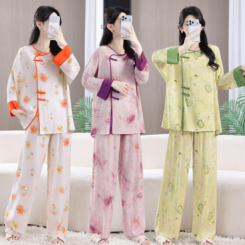 【套装】2026夏季新款新中式改良款棉绸睡衣套装女家居服可外穿