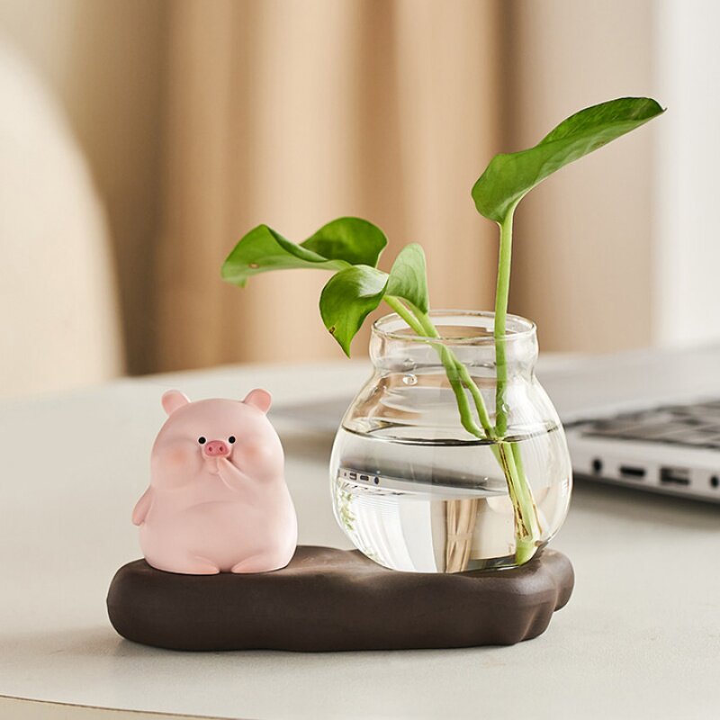 可爱小猪水培摆件办公室好物女生电脑办公桌面工位装饰品治愈解压