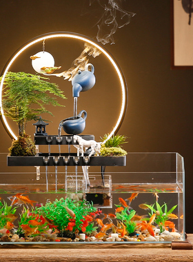 中式招财流水玻璃小鱼缸摆件家居客厅办公桌面循环水喷泉景观装饰