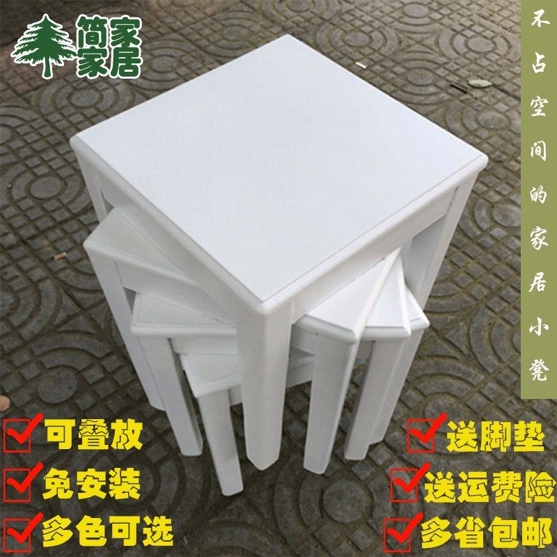 餐用白色实木大方凳圆凳欧美风格家用凳子时尚椅子加固橡木凳可叠