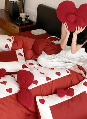 全棉婚庆红色心结婚床上四件套S10PZ9220长绒棉用纯棉被套床爱单