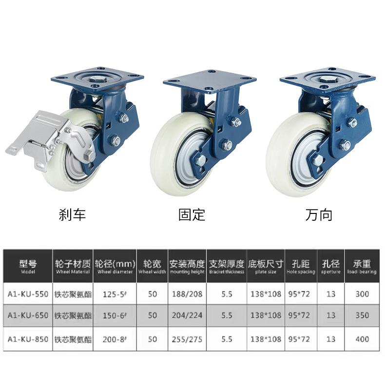 5寸86默认项寸寸白色酯重型铁芯聚氨脚固定PU蓝色减震刹车轮轮子