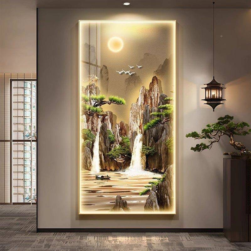 新中式壁画LED灯过廊道LIO挂画气走入户门对装饰画玄门关大山水风