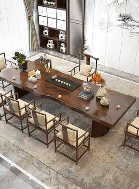 新中式木实桌办公室实KWX木大板茶桌自然泡边茶原木家用茶台桌椅