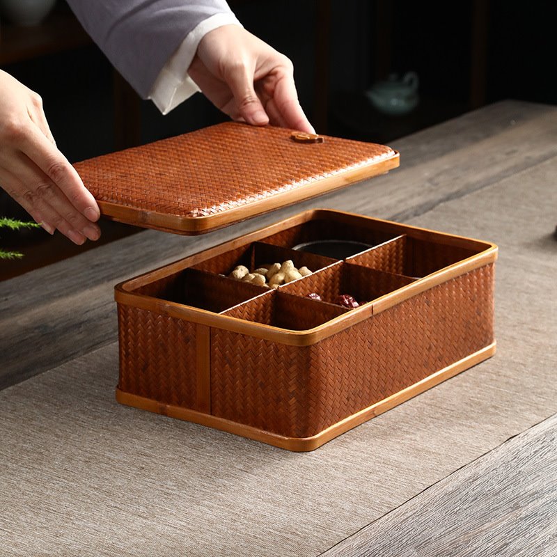 家用复古便携双层食盒 手工藤编禅意茶具收纳盒 竹编席编分格盒