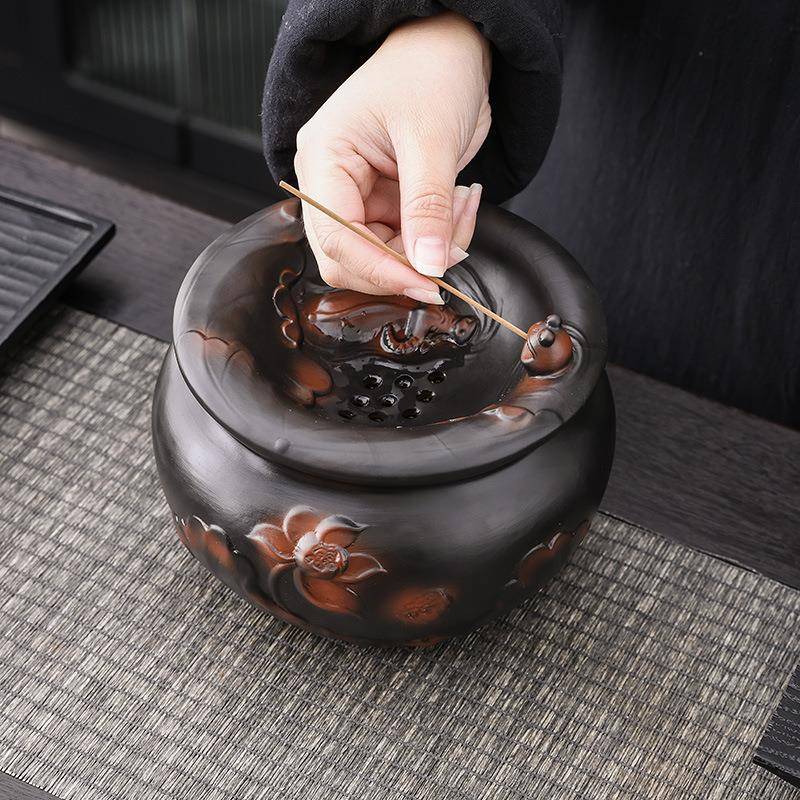 紫陶带盖茶缸陶瓷水盂茶废荷韵茶渣洗茶分离水缸茶桌家渣用摆件水