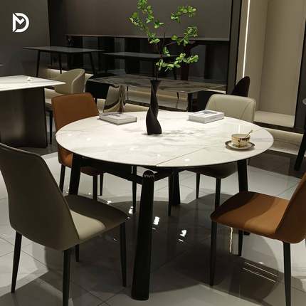 亮YBR光微晶石缩餐圆桌椅家伸用小户型意式极简拉伸桌网折红叠可