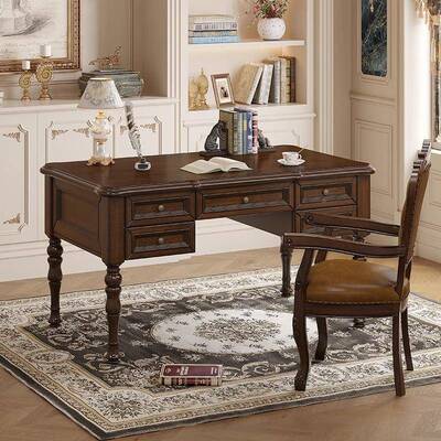 美式复古实木书乡SCS桌大板家用老钱村典转角实木桌经椅组书合