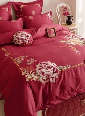 100支纯四件套UPB刺绣全陪婚庆面4件套结婚红色百子高档嫁棉喜被