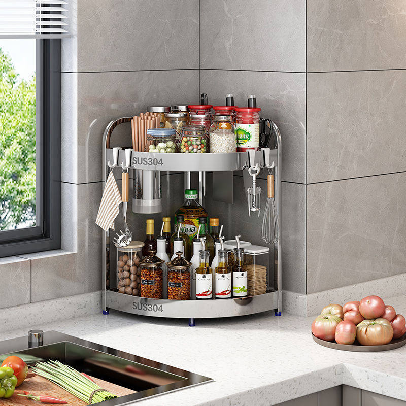 304不锈钢材料厨房置物架三角墙角转角架调料品厨房旋转调料架