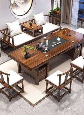 实木汉大板茶简桌椅罗床组合家用约EVJ茶办公室几泡茶台一体