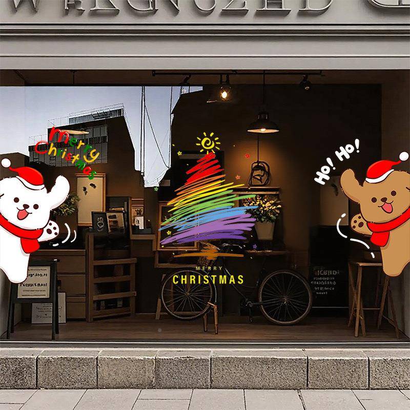 圣诞节装品店圣诞老人贴树雪人静饰电玻璃门纸窗花贴画铺NUC场景