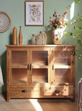 美式乡复古旧木餐柜边柜民宿实木玻璃村门抽70093屉饰储物民宿客厅装柜