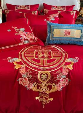 新婚庆棉婚四结件套大红色全KFG棉刺绣房喜被套床盖八款件套床上
