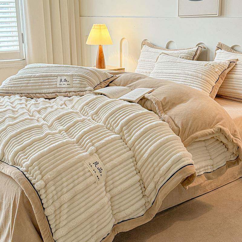 A类冬季加厚保暖套高克重件兔毛四8888件珊瑚绒纯三色双拼套床笠