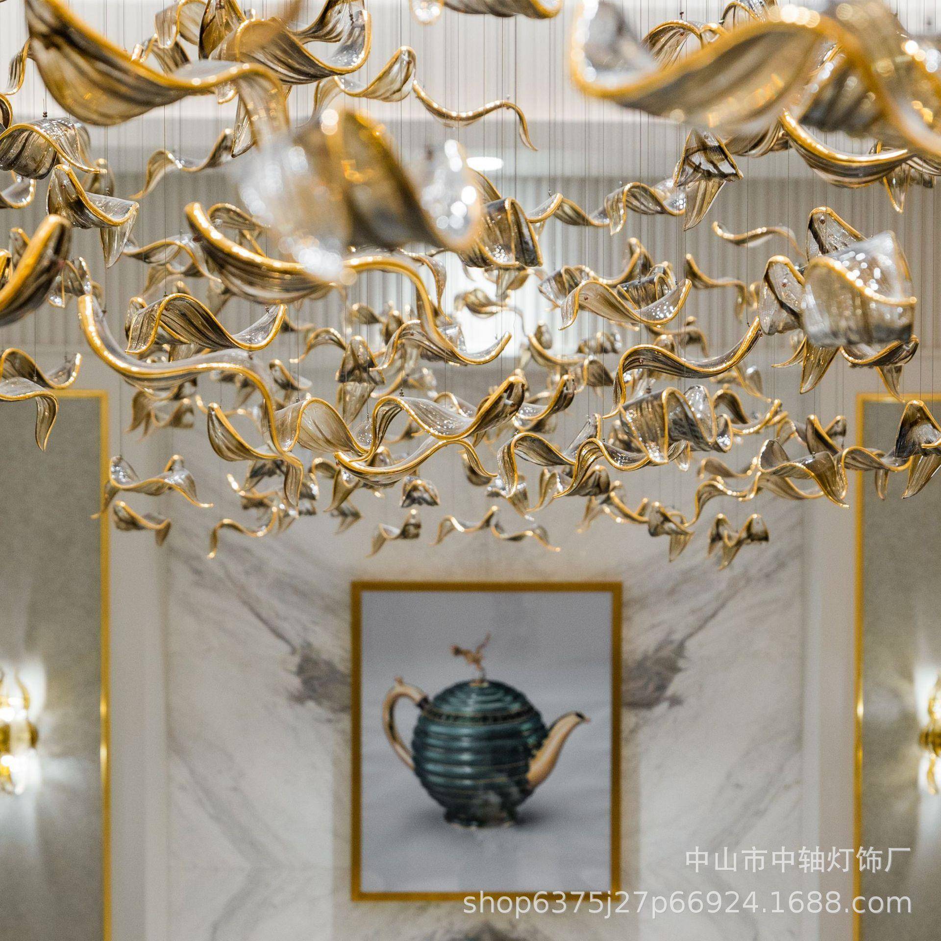 叶片型装金置装饰吊灯酒店餐售厅头楼部前厅色金边透明TIX吊饰源
