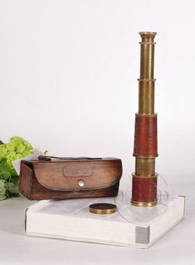 印度进口纯铜真皮礼盒望远镜单筒伸缩复古航海望远镜书房摆件装饰
