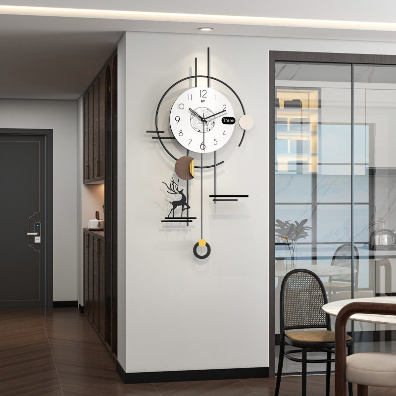 现代中古风钟表客厅高级感家用装饰免打孔挂钟创意静音时钟表挂墙