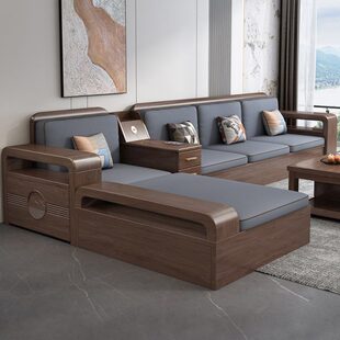 德式实木沙发客厅组合家具现代简约小户型高箱储物胡桃木木质沙发