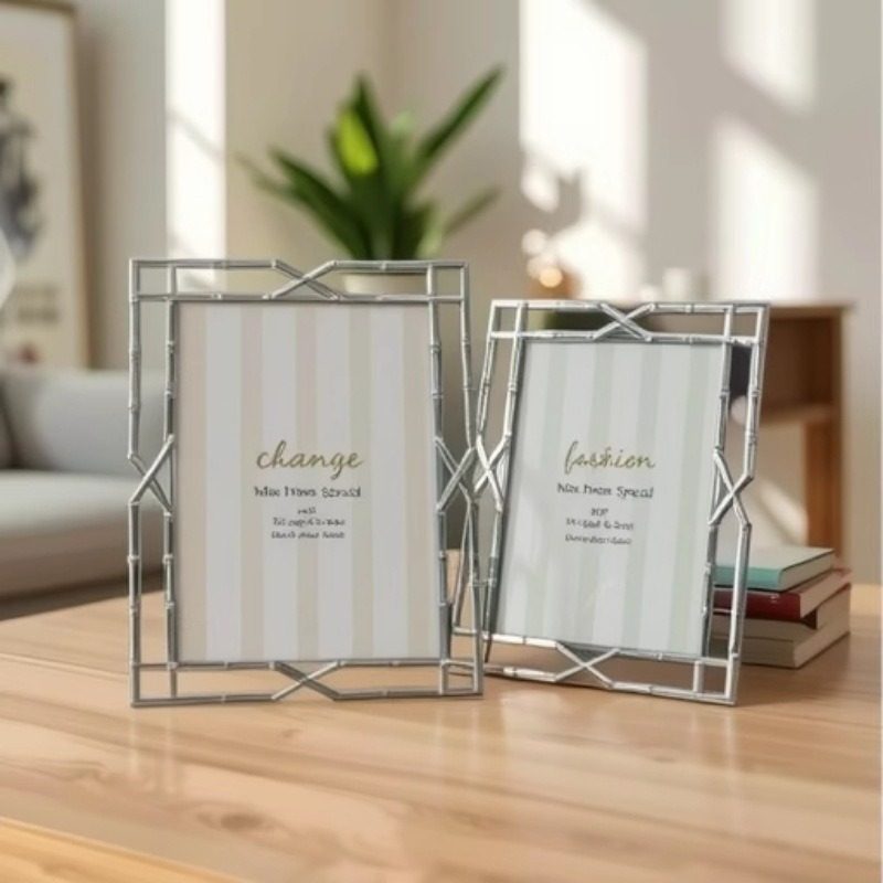 现代简约竹子银色金属相框 样板房软装摆台摆件 金属相框