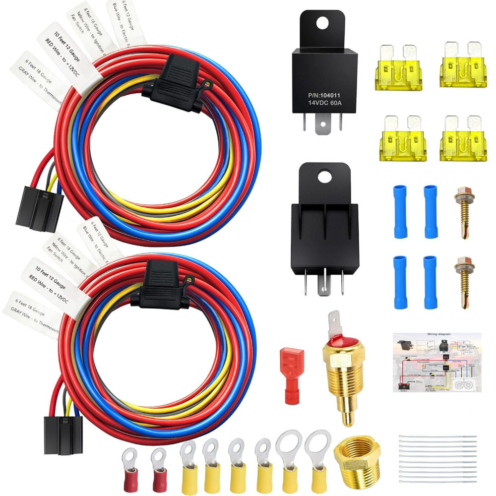 双电动冷却风扇继电器套件散热恒温器套件12V60A汽车继电器线束